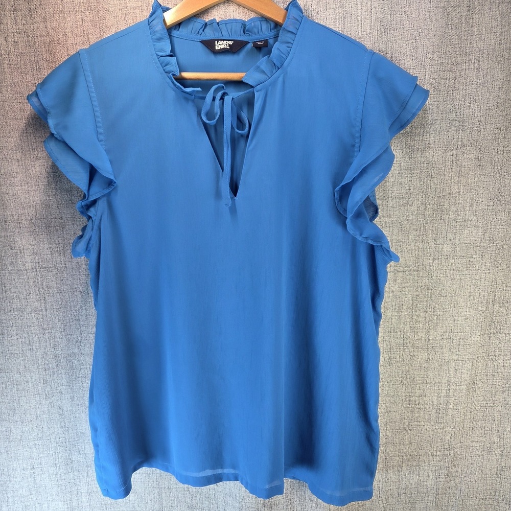 Lands End Short Sleeve Blouse Bow Tie Neck Ruffle Women's Medium Boho Preppy